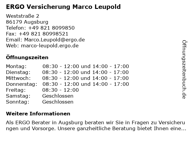 ᐅ Offnungszeiten Ergo Versicherung Versicherungsburo Michalke Leupold Gebhard Weststr 2 In Augsburg
