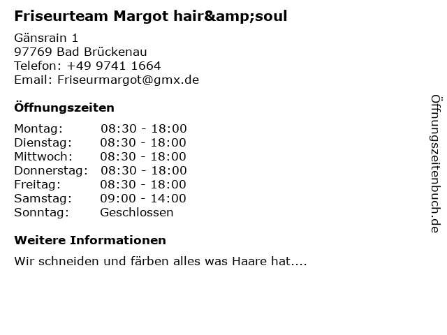 ᐅ Offnungszeiten Friseurteam Margot Hair Soul Gansrain 1 In Bad Bruckenau