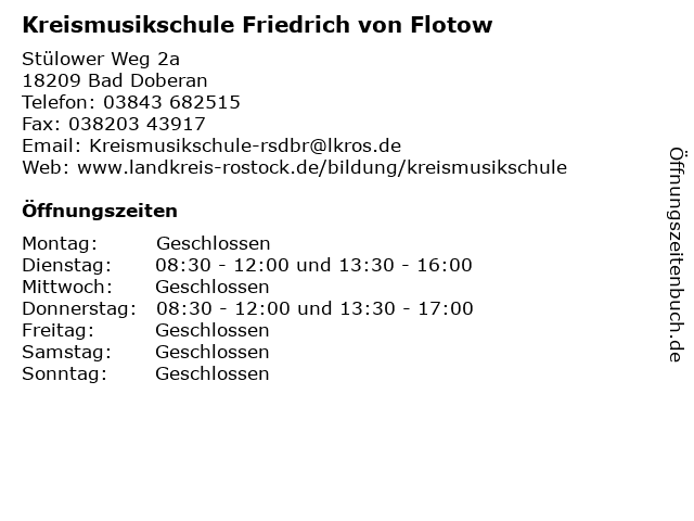 ᐅ Offnungszeiten Kreismusikschule Friedrich Von Flotow Stulower Weg 2a In Bad Doberan