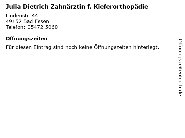 ᐅ Offnungszeiten Julia Dietrich Zahnarztin F Kieferorthopadie Lindenstr 44 In Bad Essen