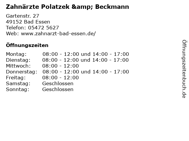 ᐅ Offnungszeiten Zahnarzte Polatzek Beckmann Gartenstr 27 In Bad Essen