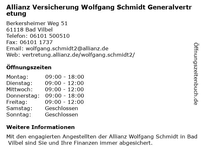 ᐅ Offnungszeiten Allianz Versicherung Generalvertretung Wolfgang Schmidt Berkersheimer Weg 51 In Bad Vilbel