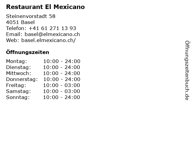 ᐅ Offnungszeiten Restaurant El Mexicano Steinenvorstadt 58 In Basel