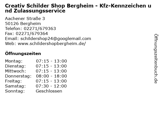 ᐅ Offnungszeiten Creativ Schilder Shop Bergheim Kfz Kennzeichen Und Zulassungsservice chener Strasse 3 In Bergheim