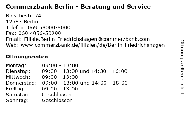 ᐅ Offnungszeiten Commerzbank Berlin Friedrichshagen Beratung Und Service Bolschestr 74 In Berlin