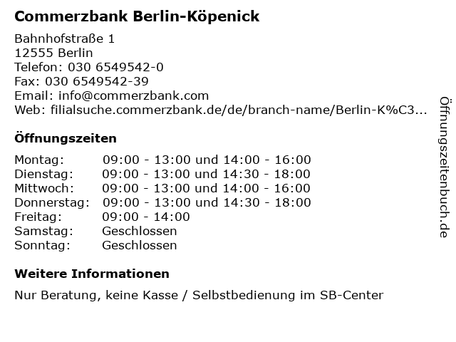 ᐅ Offnungszeiten Commerzbank Berlin Kopenick Bahnhofstrasse 1 In Berlin