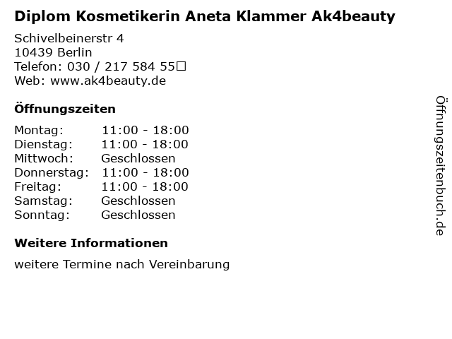 ᐅ Offnungszeiten Diplom Kosmetikerin Aneta Klammer Ak4beauty Schivelbeinerstr 4 In Berlin