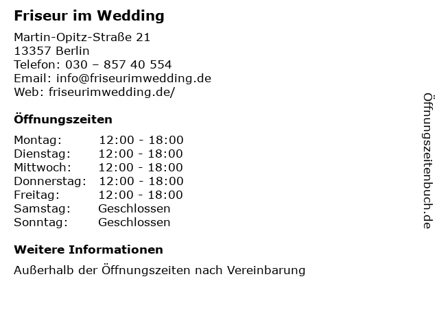 ᐅ Offnungszeiten Friseur Im Wedding Martin Opitz Strasse 21 In Berlin