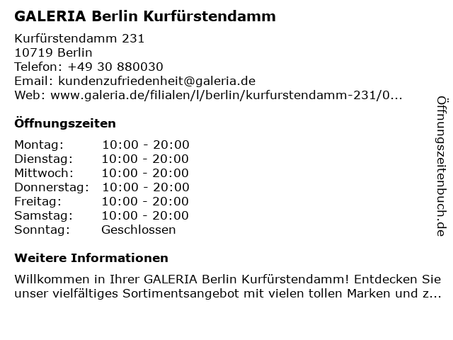 ᐅ Offnungszeiten Galeria Karstadt Berlin Kurfurstendamm Kurfurstendamm 231 In Berlin