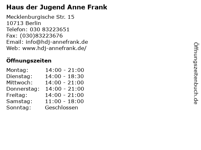 ᐅ Offnungszeiten Haus Der Jugend Anne Frank Mecklenburgische