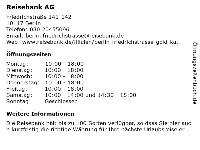 ᐅ Offnungszeiten Reisebank Ag Friedrichstrasse 141 142 In Berlin