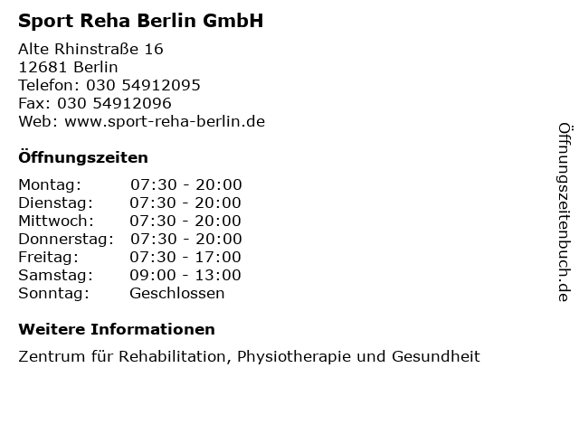 ᐅ Öffnungszeiten „Sport Reha Berlin GmbH“  Alte Rhinstraße 16 in Berlin