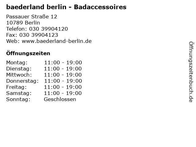 á… Ã–ffnungszeiten â€žbaederland berlin - Badaccessoires