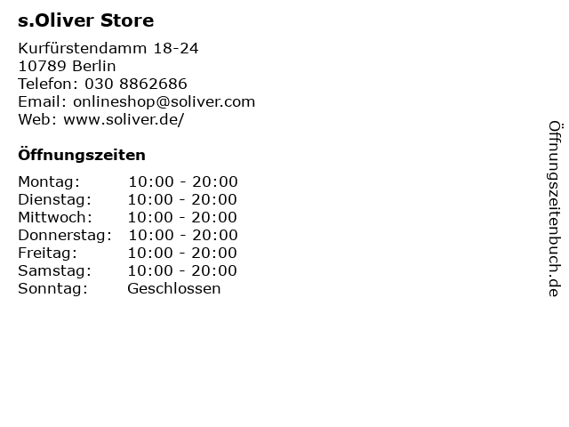 Op tijd een miljard Klas ᐅ Öffnungszeiten „s.Oliver Store“ | Kurfürstendamm 18-24 in Berlin