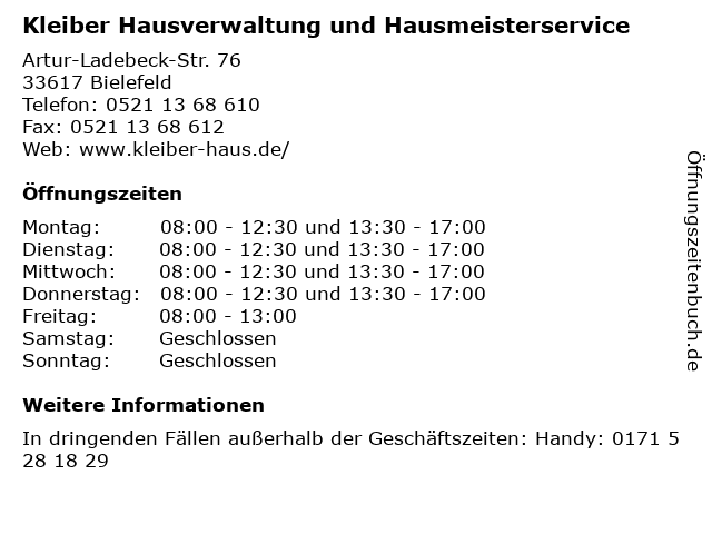 ᐅ Offnungszeiten Kleiber Hausverwaltung Und Hausmeisterservice Artur Ladebeck Str 76 In Bielefeld