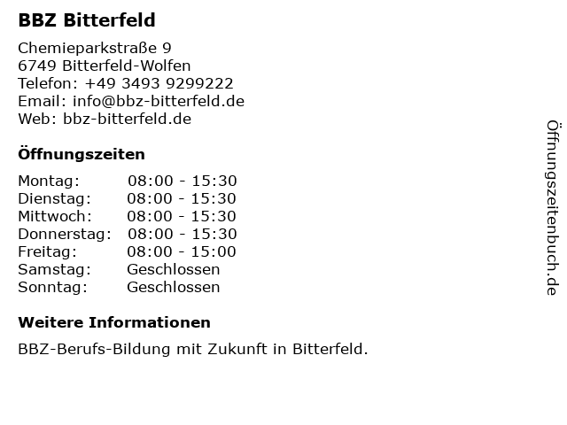 á… Offnungszeiten Bbz Bitterfeld Chemieparkstr 9 In Bitterfeld Wolfen