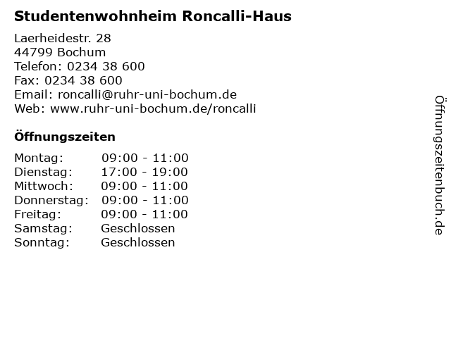 ᐅ Offnungszeiten Studentenwohnheim Roncalli Haus Laerheidestr