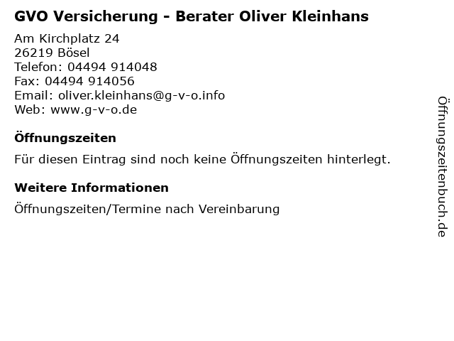 ᐅ Offnungszeiten Gvo Versicherung Berater Oliver Kleinhans Am Kirchplatz 24 In Bosel