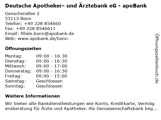 á… Offnungszeiten Deutsche Apotheker Und Arztebank Eg Apobank Genscherallee 2 In Bonn