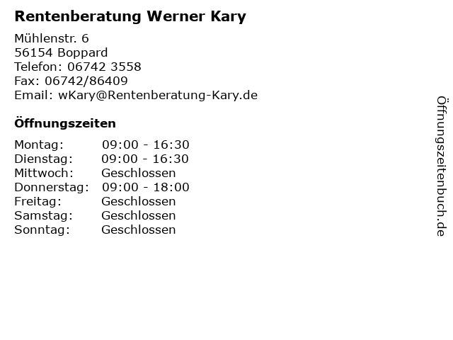 ᐅ Offnungszeiten Rentenberatung Werner Kary Muhlenstr 6 In Boppard