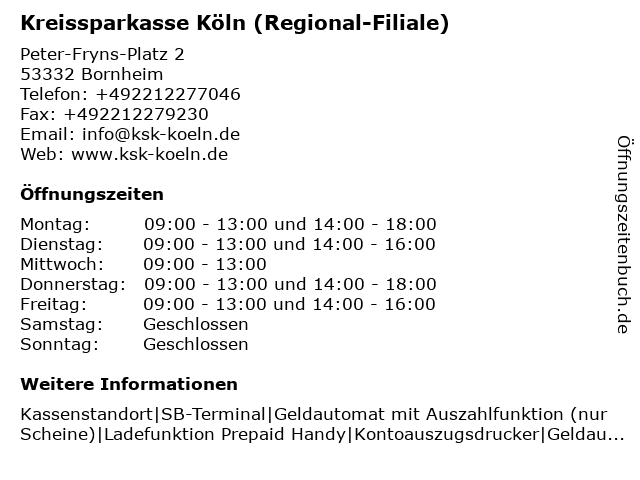 ᐅ Offnungszeiten Kreissparkasse Koln Regional Filiale Bornheim Peter Fryns Platz 2 In Bornheim