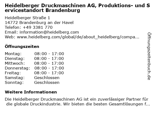 ᐅ Offnungszeiten Heidelberger Druckmaschinen Ag Werk Brandenburg Heidelberger Str 1 In Brandenburg