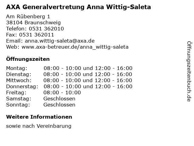 ᐅ Offnungszeiten Axa Generalvertretung Anna Wittig Saleta Am Rubenberg 1 In Braunschweig