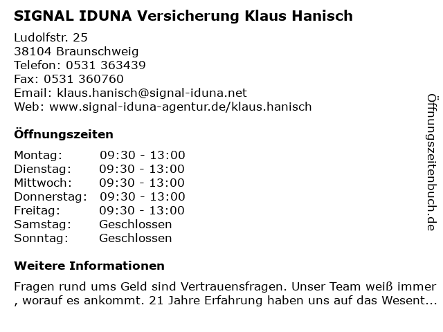 ᐅ Offnungszeiten Signal Iduna Klaus Hanisch Berliner Str 65 In Braunschweig