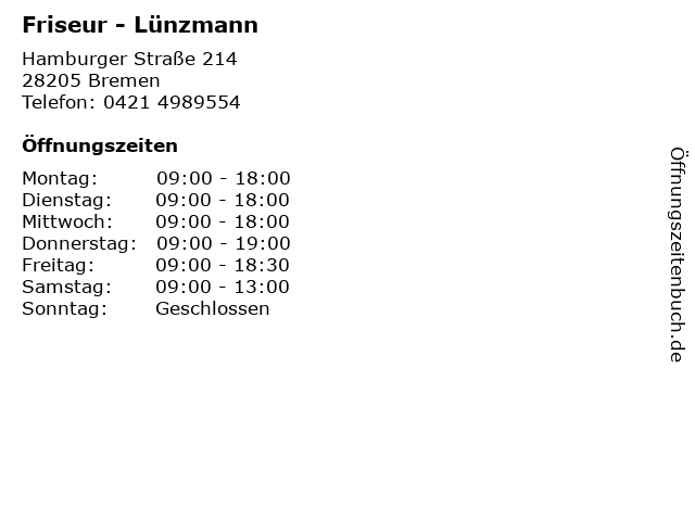 ᐅ Offnungszeiten Friseur Lunzmann Hamburger Strasse 214 In Bremen