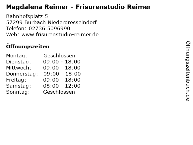 Á… Offnungszeiten Magdalena Reimer Frisurenstudio Reimer Bahnhofsplatz 5 In Burbach Niederdresselndorf