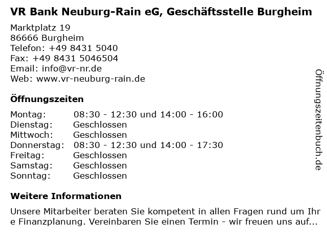 á… Offnungszeiten Vr Bank Neuburg Rain Eg Geschaftsstelle Burgheim Marktplatz 19 In Burgheim