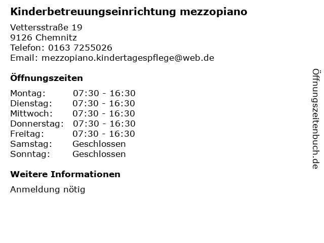 ᐅ Offnungszeiten Kinderbetreuungseinrichtung Mezzopiano Vettersstrasse 19 In Chemnitz