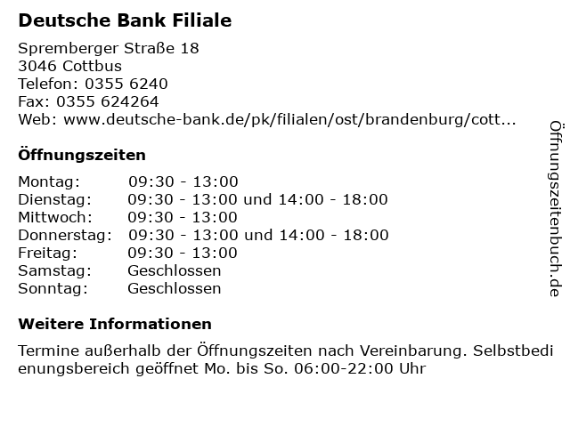 á… Offnungszeiten Deutsche Bank Filiale Spremberger Strasse 18 In Cottbus