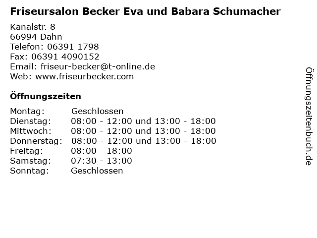 ᐅ Offnungszeiten Friseursalon Becker Eva Und Babara Schumacher Kanalstr 8 In Dahn