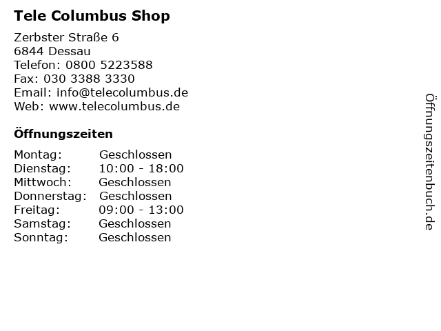 ᐅ Offnungszeiten Tele Columbus Shop Zerbster Strasse 6 In Dessau