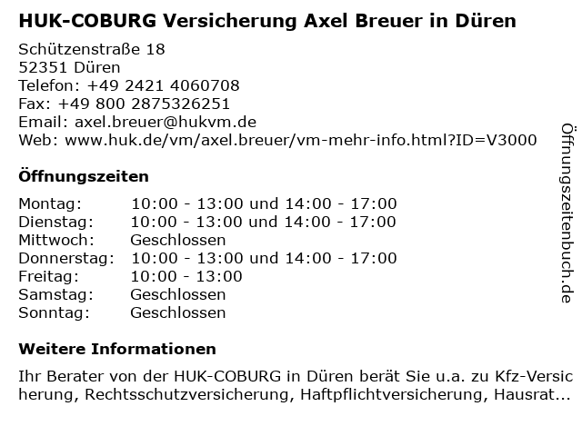 ᐅ Offnungszeiten Huk Coburg Versicherung Axel Breuer In Duren Schutzenstrasse 18 In Duren