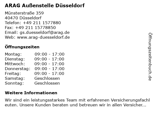 ᐅ Offnungszeiten Arag Versicherung Dusseldorf Munsterstrasse 359 In Dusseldorf
