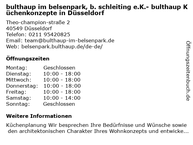 ᐅ Offnungszeiten Bulthaup Im Belsenpark B Schleiting E K Theo Champion Strasse 2 In Dusseldorf
