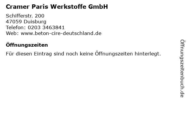 á Offnungszeiten Cramer Paris Werkstoffe Gmbh Schifferstr 200 In Duisburg