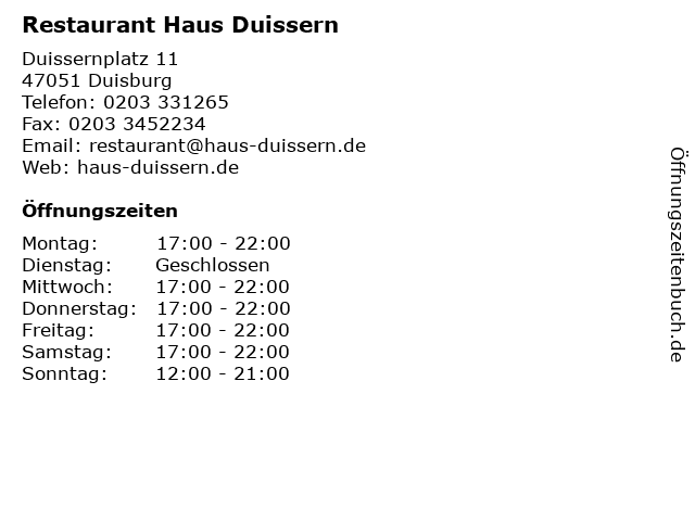 ᐅ Öffnungszeiten „Haus Duissern“ Duissernplatz 11 in