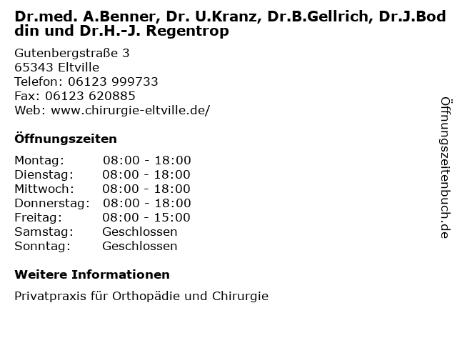 ᐅ Offnungszeiten Dr Med A Benner Dr U Kranz Dr B Gellrich Dr J Boddin Und Dr H J Regentrop Gutenbergstrasse 3 In Eltville