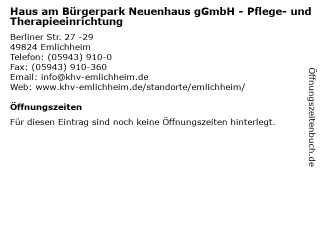 ᐅ Offnungszeiten Haus Am Burgerpark Neuenhaus Ggmbh Berliner