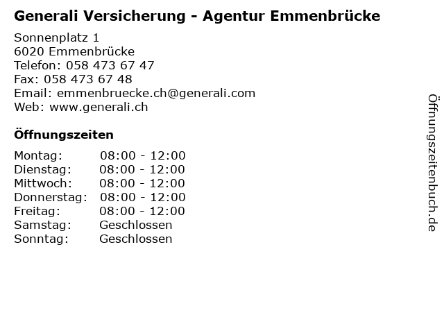 ᐅ Offnungszeiten Generali Versicherung Agentur Emmenbrucke Sonnenplatz 1 In Emmenbrucke