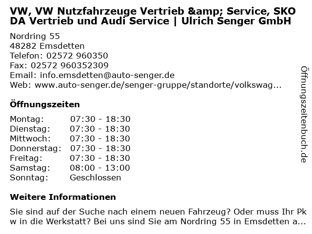 ᐅ Offnungszeiten Vw Vw Nutzfahrzeuge Verkauf Service Audi Service Ulrich Senger Gmbh Nordring 55 In Emsdetten