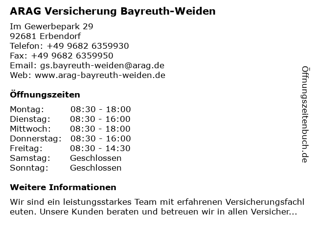 ᐅ Offnungszeiten Arag Versicherung Bayreuth Weiden Im Gewerbepark 29 In Erbendorf
