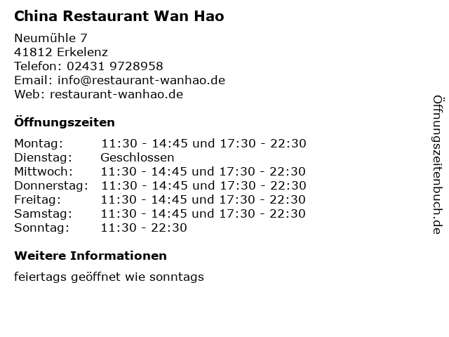 ᐅ Offnungszeiten China Restaurant Wan Hao Neumuhle 7 In Erkelenz