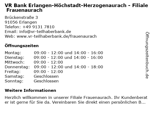 á… Offnungszeiten Vr Bank Erlangen Hochstadt Herzogenaurach Eg Filiale Frauenaurach Bruckenstrasse 3 In Erlangen