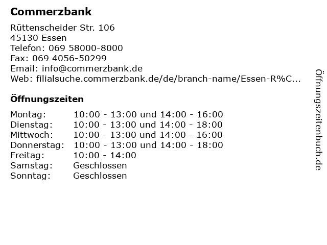 ᐅ Offnungszeiten Commerzbank Essen Ruttenscheid Ruttenscheider Str 106 In Essen