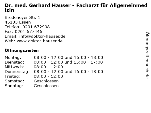 ᐅ Offnungszeiten Dr Hauser Gerhard Bredeneyer Str 1 In Essen