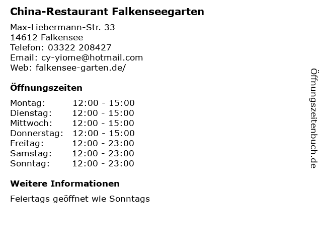 ᐅ Offnungszeiten China Restaurant Falkenseegarten Max